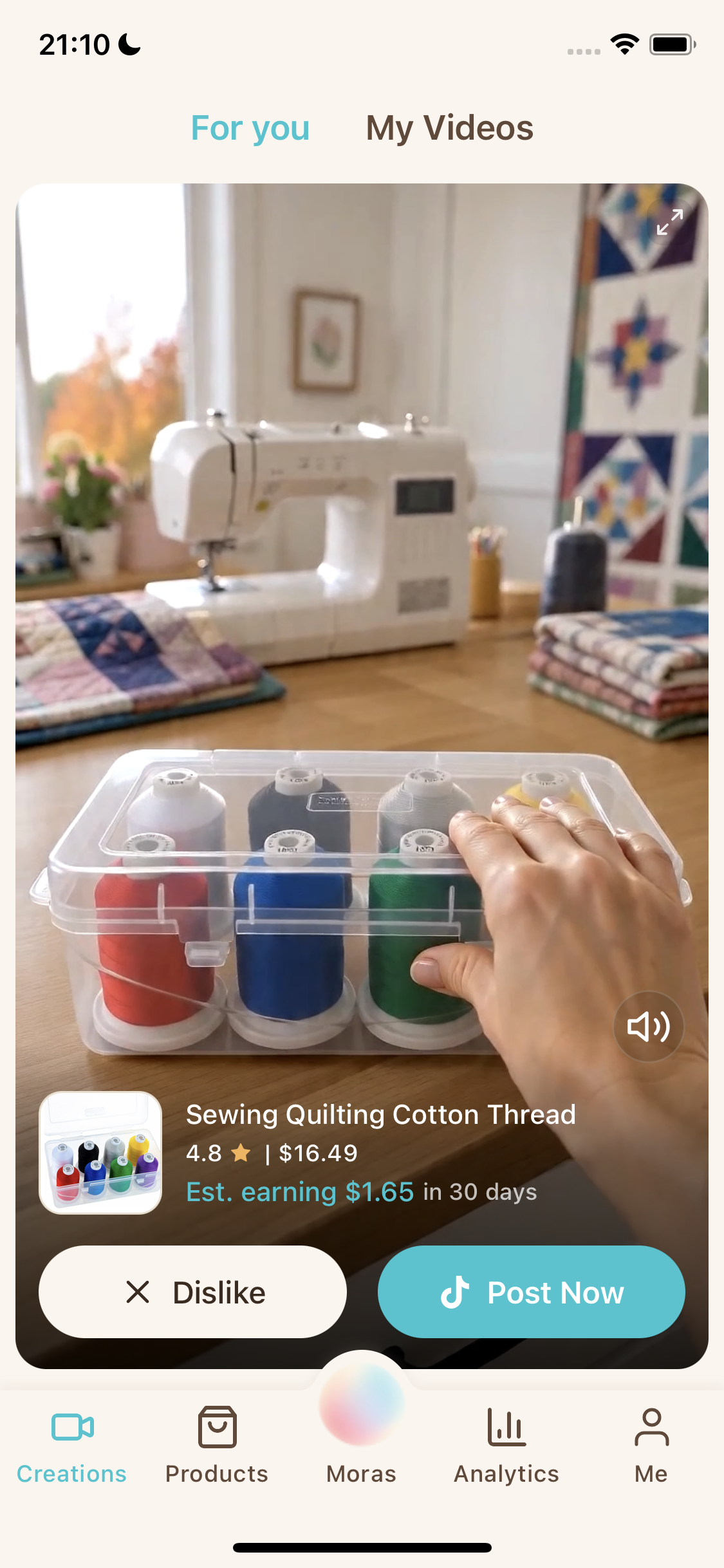 Moras App showing a ready-to-post video with its product card and Post Now action