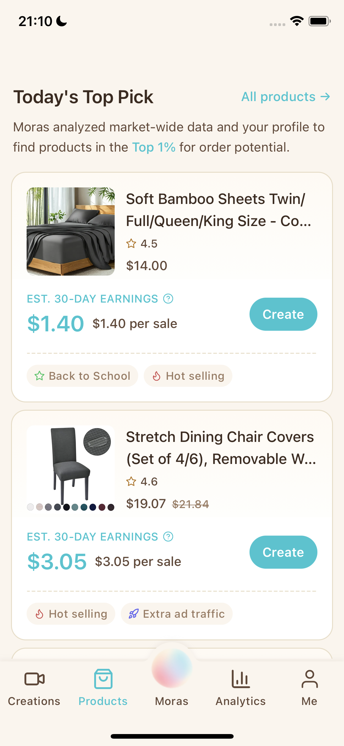 Moras App AI product recommendation showing a Top 1% order-potential pick and the Create button
